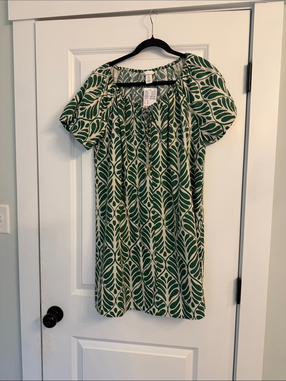H&M Cream and Green Leaf-Print Mini Dress